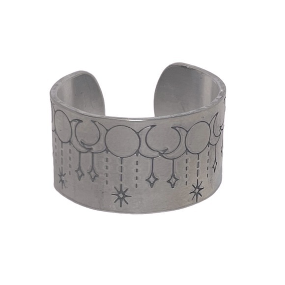 Handmade 9 stamped boho moon silver adjustable hypoallergenic‎ wide cuff ring - Picture 1 of 7